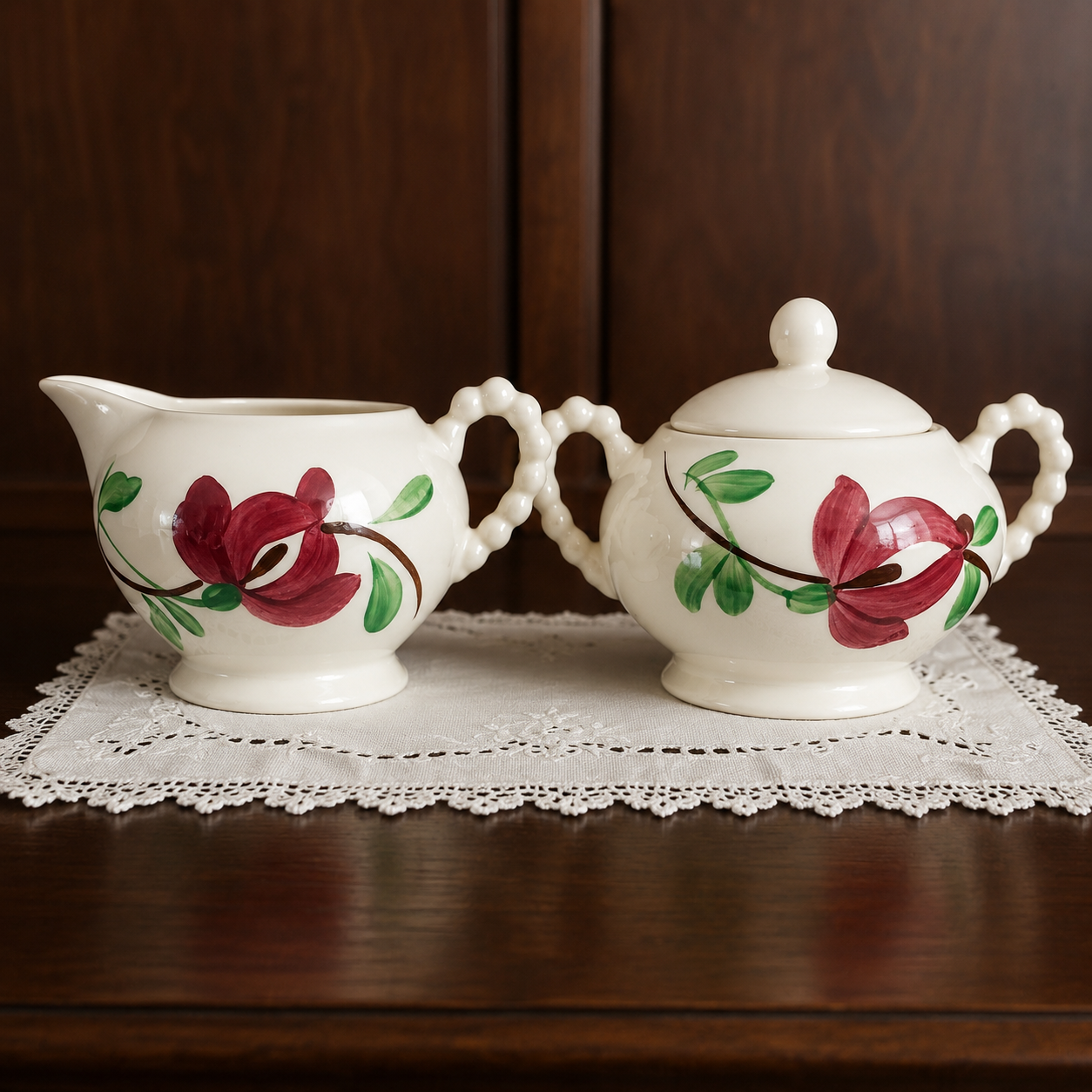 Vintage Blue Ridge Pottery-Sugar and Creamer Set with Hobnail handles
