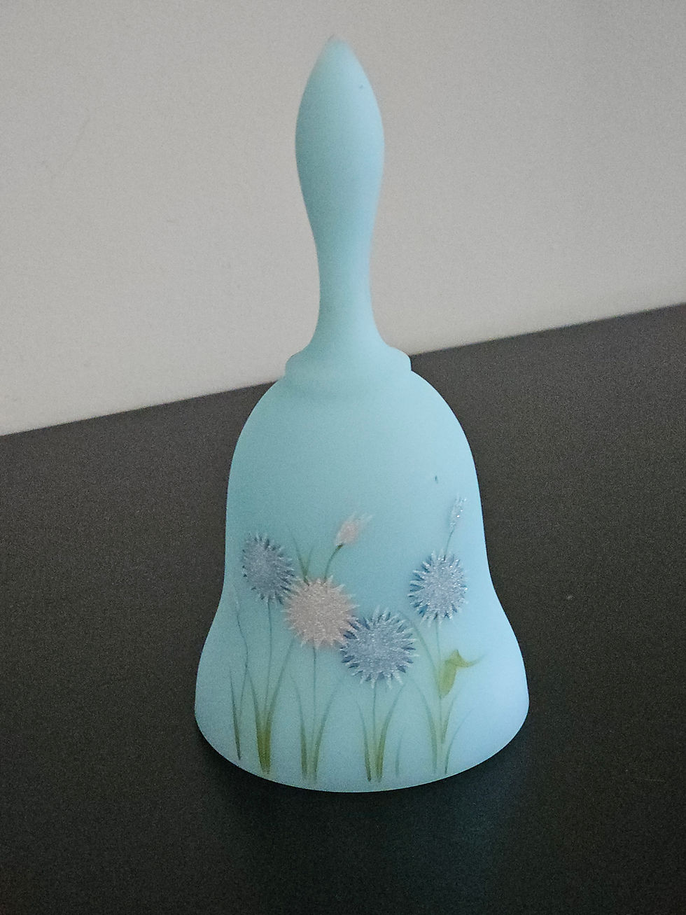 Thumbnail: Vintage Fenton Blue Satin Glass Hand-Painted Frosted Asters Bell | Artist Signed