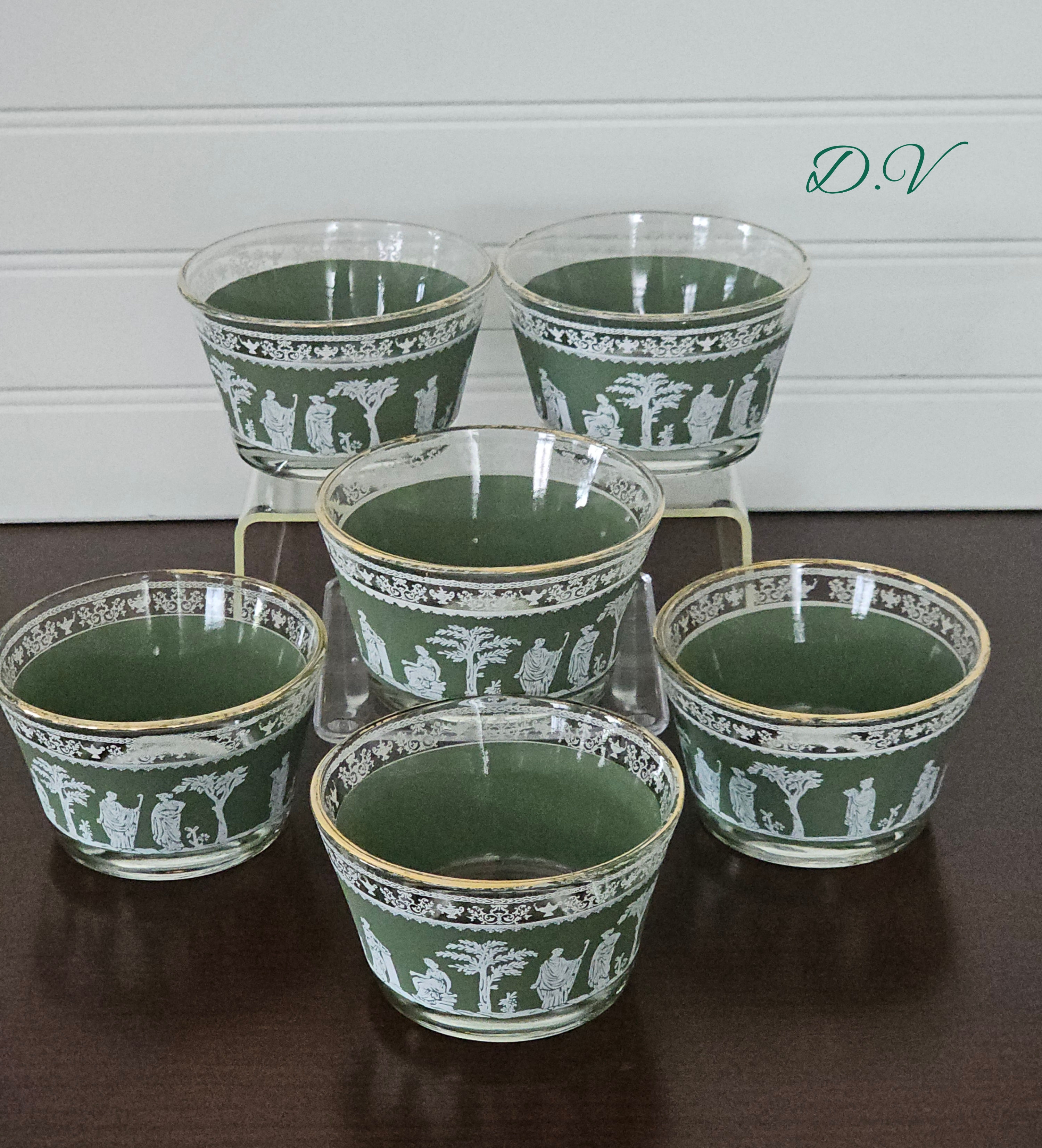 Jeannette Hellenic Green Glass Bowls | MCM Greek Key Design | Vintage Jasperware