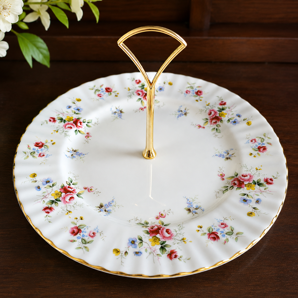 Vintage Royal Vale Bone China One Tier Cake Plate with Roses