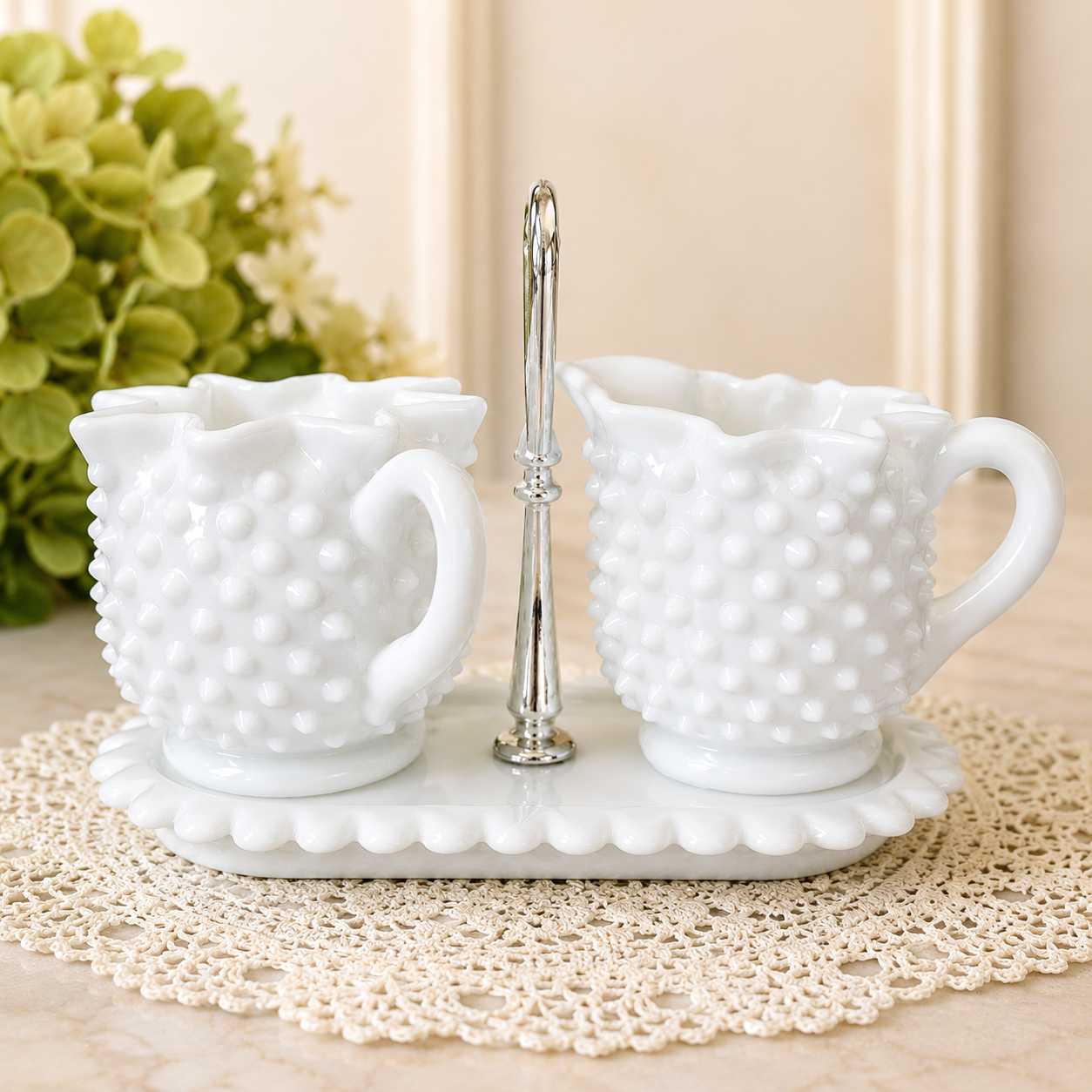 Vintage Fenton White Milk Glass Hobnail Sugar and Creamer Set with Handled Carry