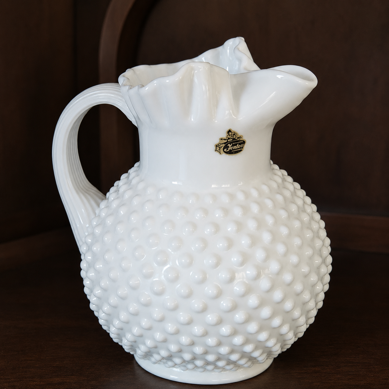 Vintage Fenton Milk Glass Hobnail Pattern- Large Pitcher with Ruffled Rim