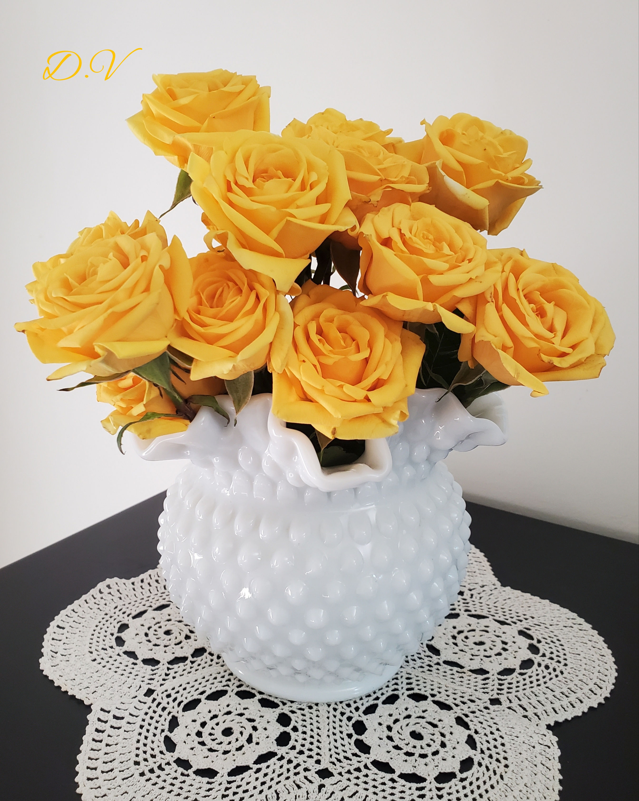 Vintage Older Fenton Medium Size Hobnail Milk Glass Ruffled Vase.