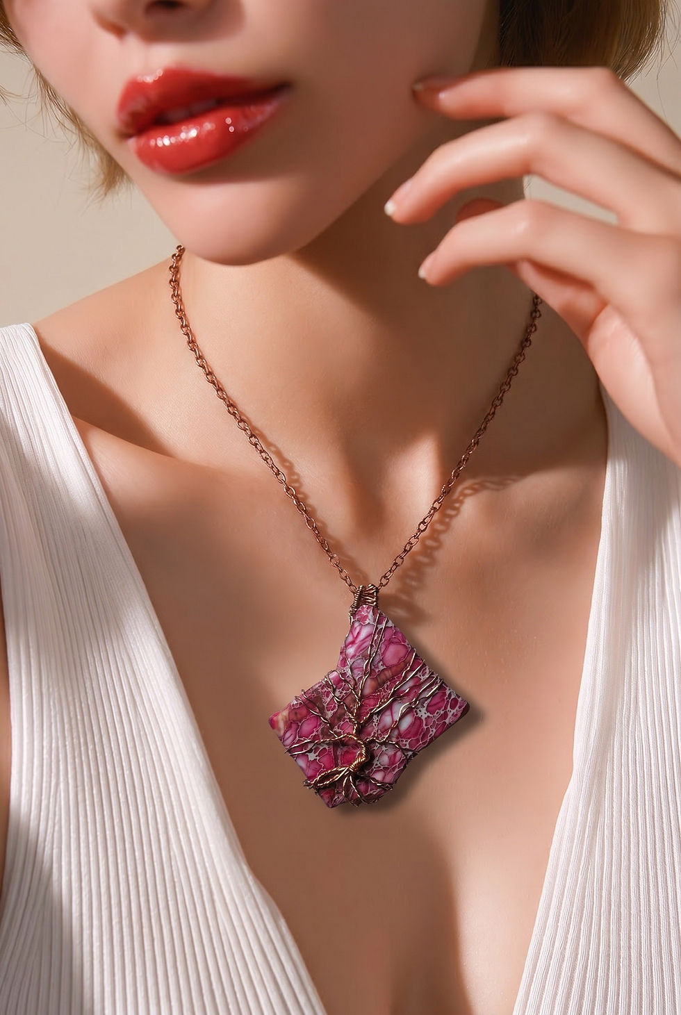 Handmade red jasper pendant featuring an intricate copper wire Tree of Life design on model