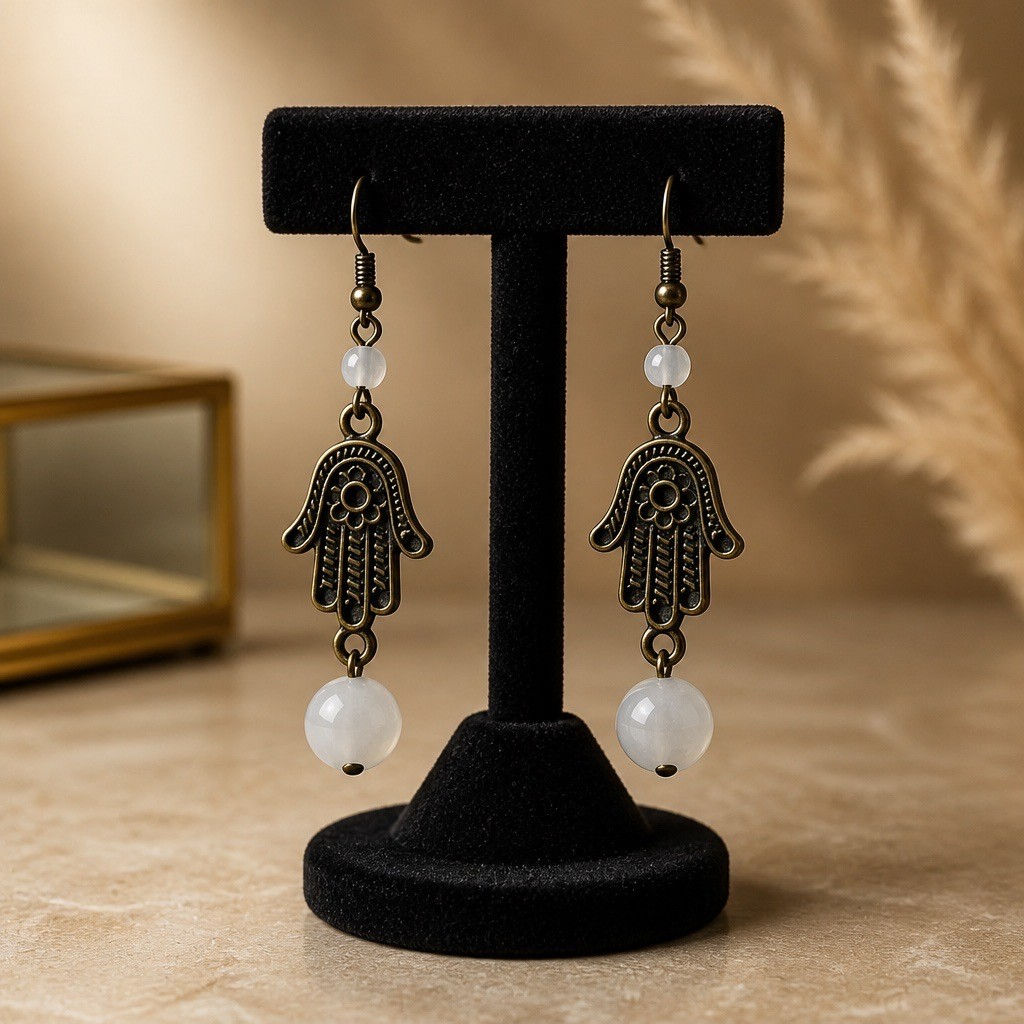 Bronze Hamsa hand dangle earrings with soft pink rose quartz beads in handcrafted spiritual jewelry