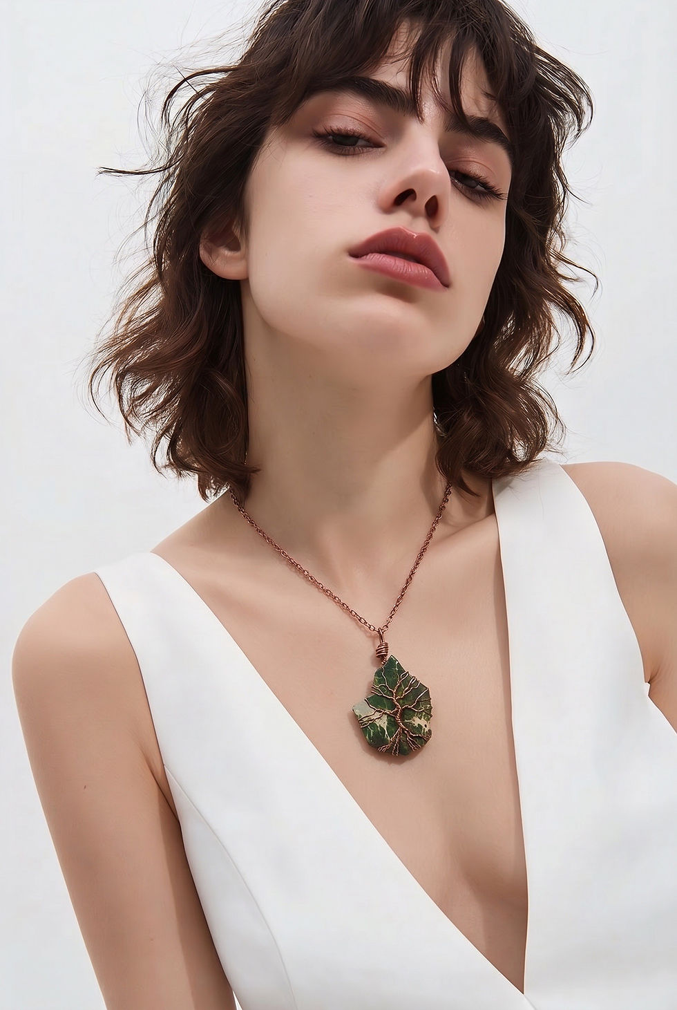 Thumbnail: Handmade green jasper pendant featuring a copper wire Tree of Life design on model