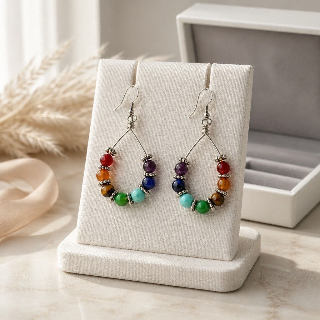 Silver wire teardrop earrings featuring chakra gemstone beads