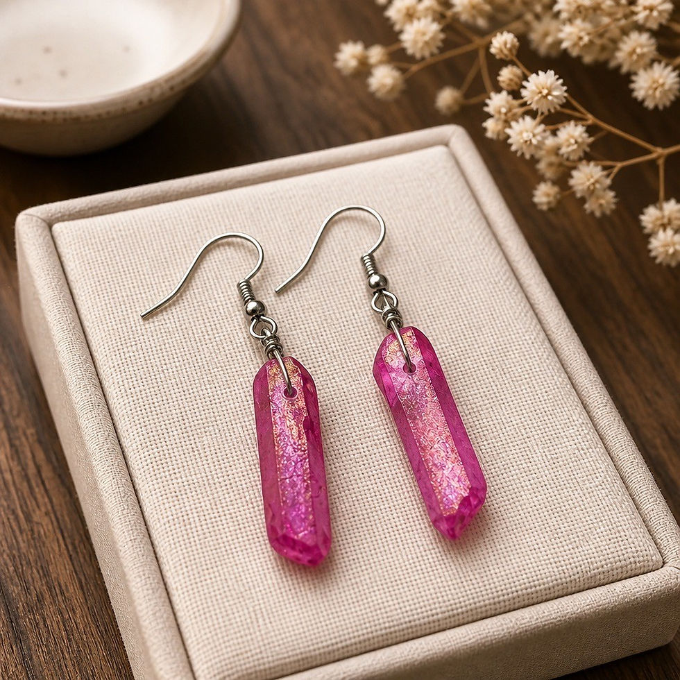 Handmade fuchsia dyed quartz crystal earrings wrapped in silver wire with a bright bohemian style