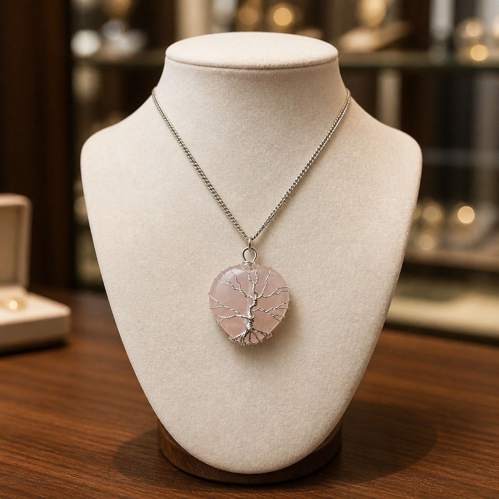 Handmade heart-shaped rose quartz pendant featuring an intricate silver wire Tree of Life