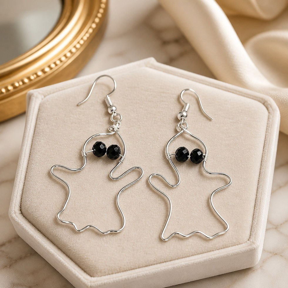 Cute silver wire ghost earrings with black bead eyes in a handmade design