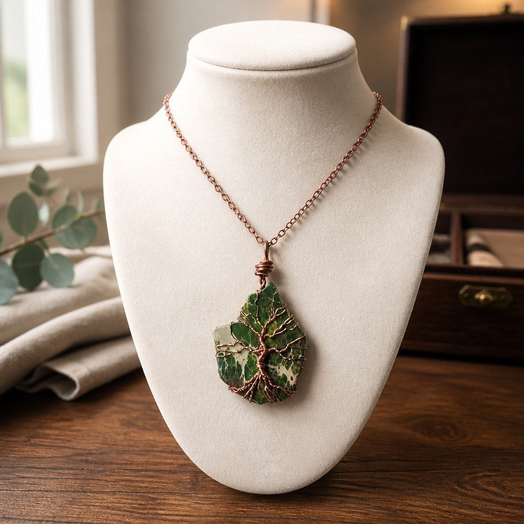 Handmade green jasper pendant featuring a copper wire Tree of Life design