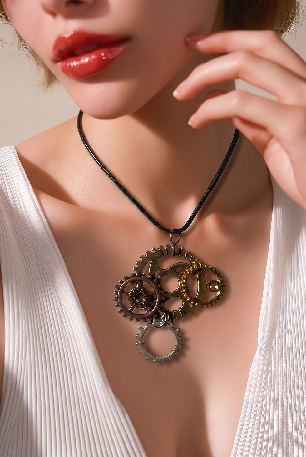 Thumbnail: Handmade steampunk necklace featuring a large bronze gear decorated with copper and gold tone gears on model