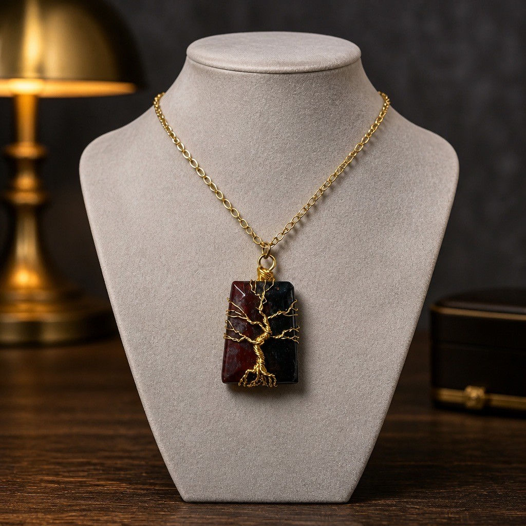 Handmade trapezoid Indian agate pendant featuring an intricate gold wire Tree of Life design