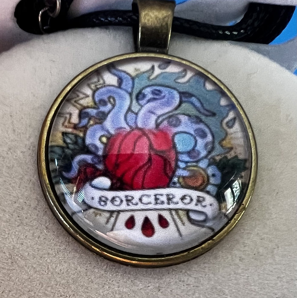 Handmade Dungeons & Dragons inspired pendant necklace featuring character class artwork  beneath a clear cabochon round