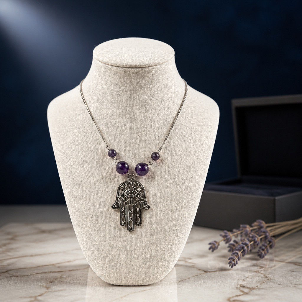 Large silver Hamsa hand necklace with two sizes of purple amethyst beads hanging from a silver chain