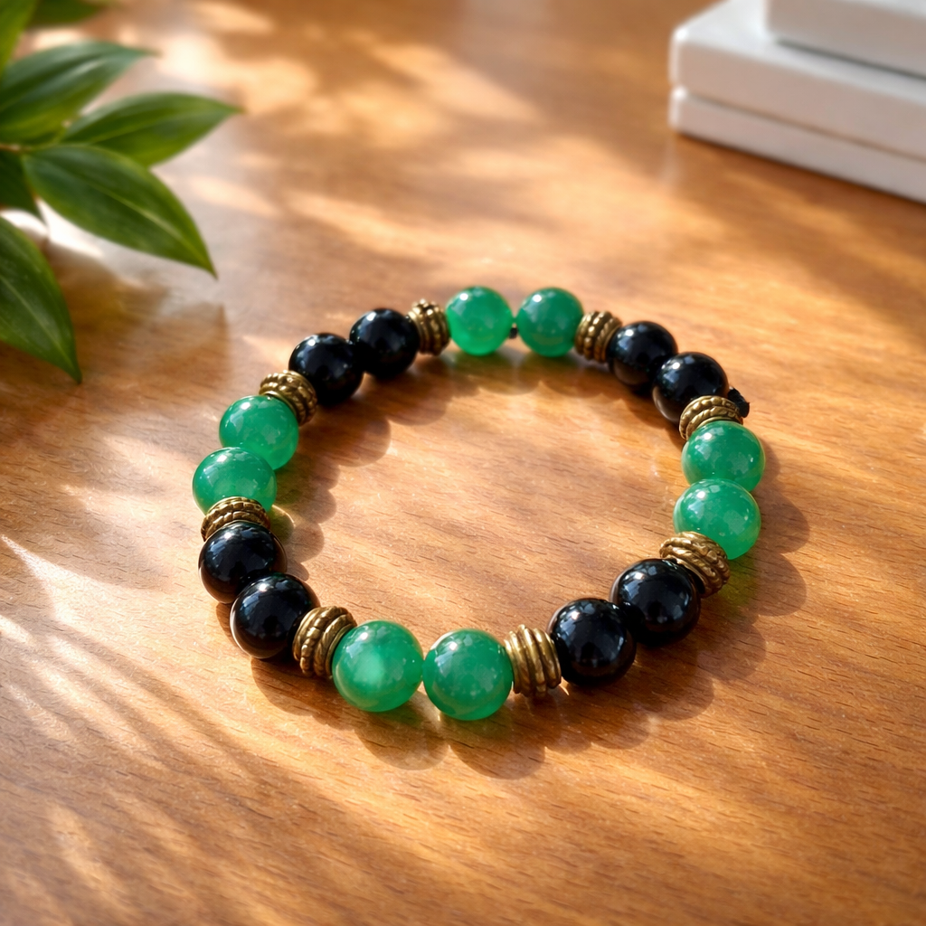 Green Aventurine, Black Bead & Bronze Bracelet
