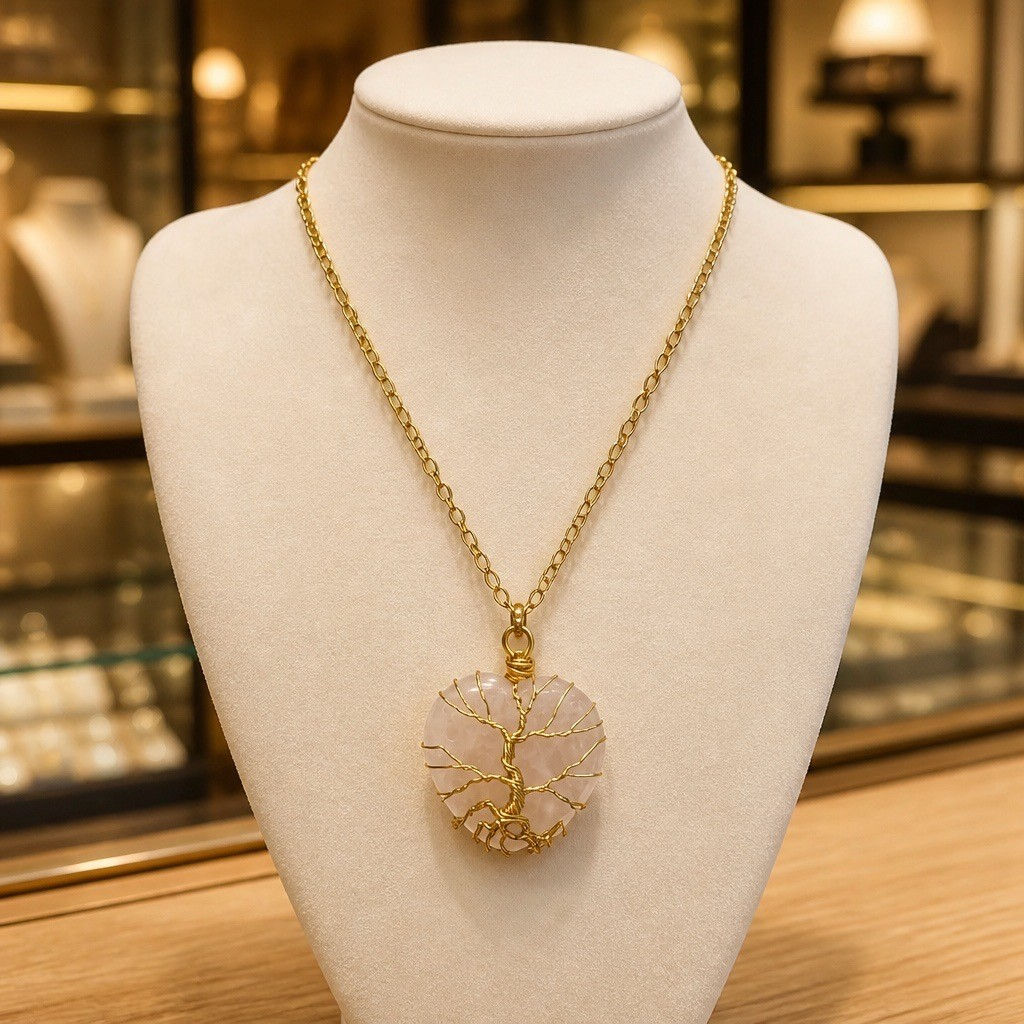 Handmade heart-shaped rose quartz pendant featuring an intricate gold wire Tree of Life design