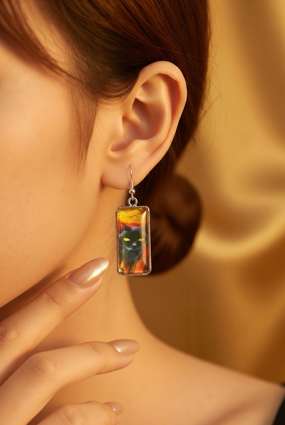 Rectangle cabochon Halloween cat earrings on model