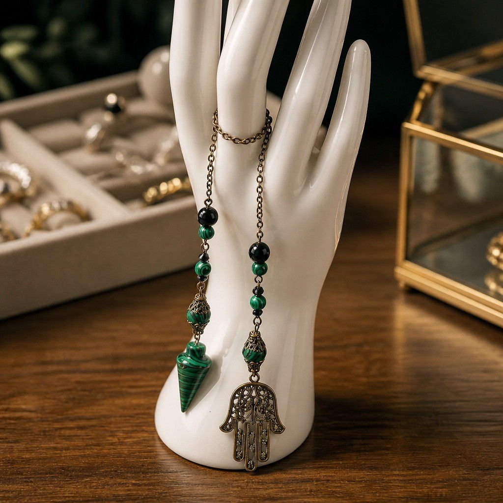 Malachite Dowsing Pendulum with Bronze Hamsa Hand Charm