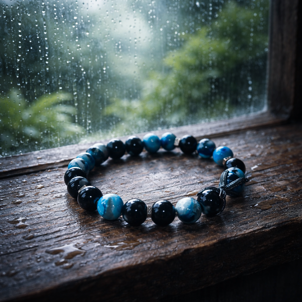 Blue Agate & Black Bead Bracelet with Dragon Claw | Strength & Protection