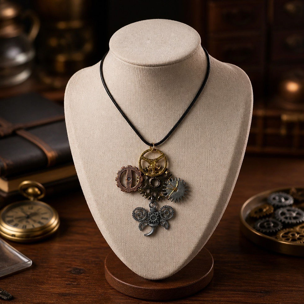 Handmade steampunk necklace featuring a large bronze gear layered with copper, gold, and silver tone gears and a pewter bug