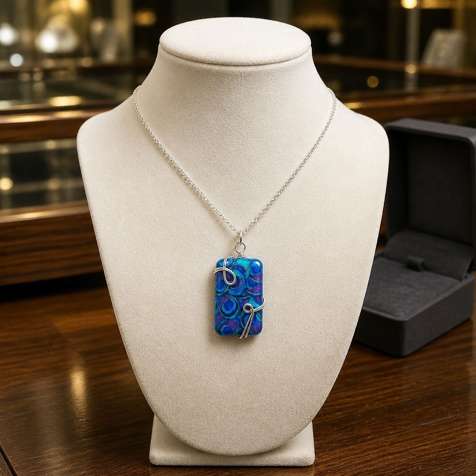 Square peacock feather design pendant wrapped in gold or silver wire with decorative spiral accents