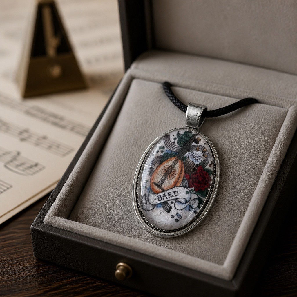 Handmade Dungeons & Dragons inspired pendant necklace featuring character class artwork beneath a clear cabochon