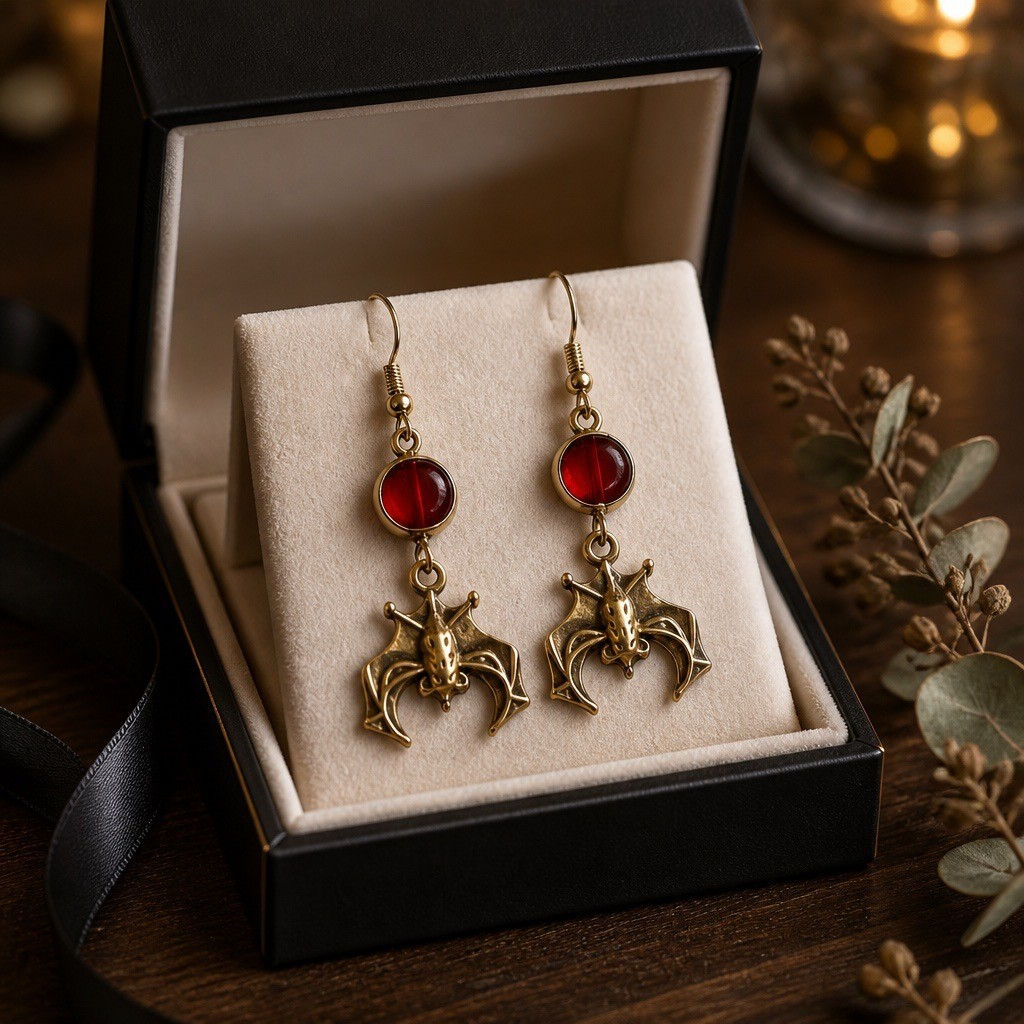 Handmade brass bat drop earrings with deep red table cut beads