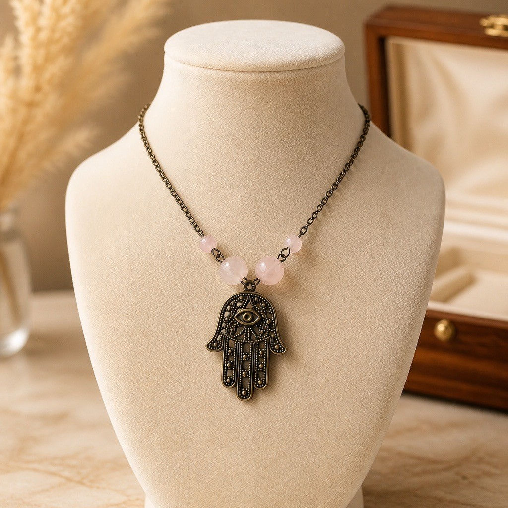 Large bronze Hamsa hand necklace with soft pink rose quartz beads in two sizes hanging from a bronze chain main