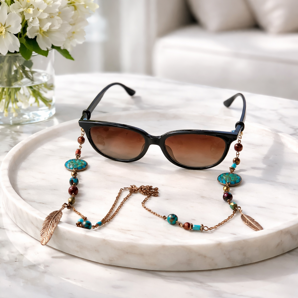 Handmade copper eyeglass chain with turquoise and carnelian beads, feather charms, and hammered copper accents attached to ey