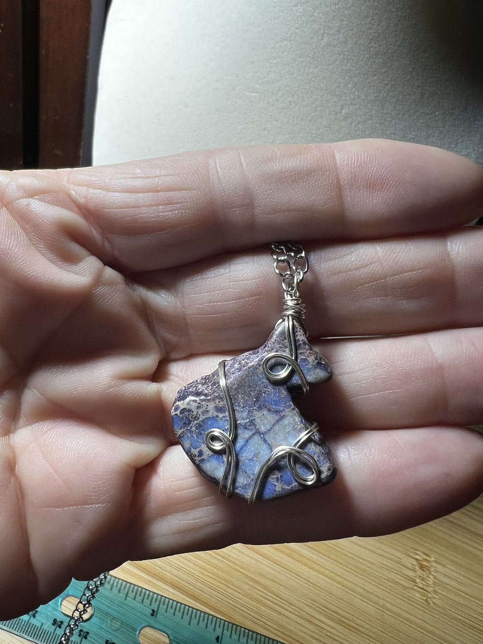 Thumbnail: Handmade Purple Jasper pendant available in silver or copper wire with decorative spiral accents in hand