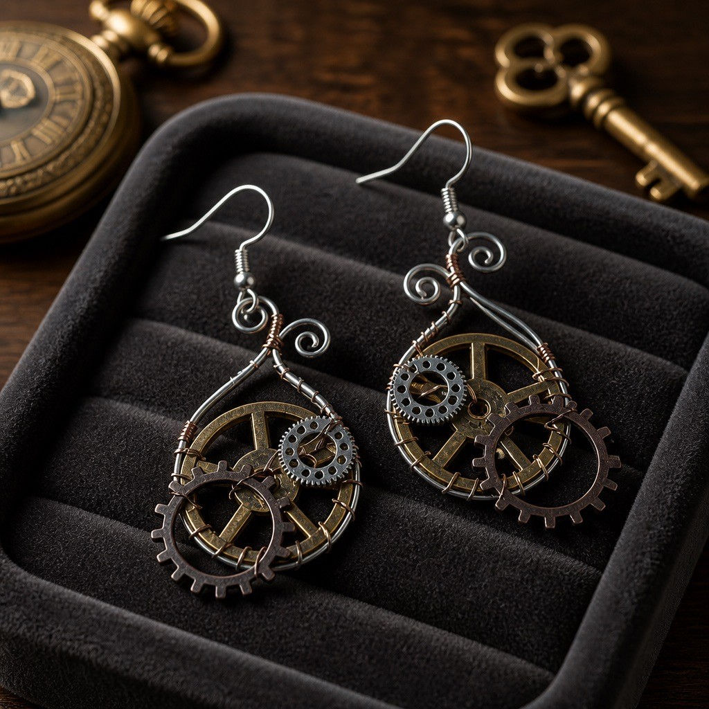 Handmade wire wrapped steampunk earrings featuring a large gold gear surrounded by a silver wire frame