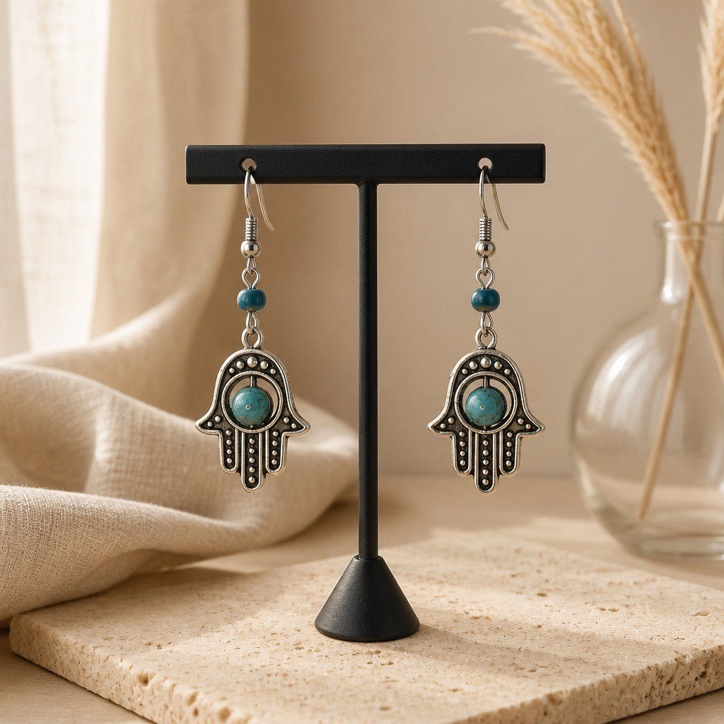 Silver Hamsa hand dangle earrings featuring turquoise stones set inside the center opening of each charm