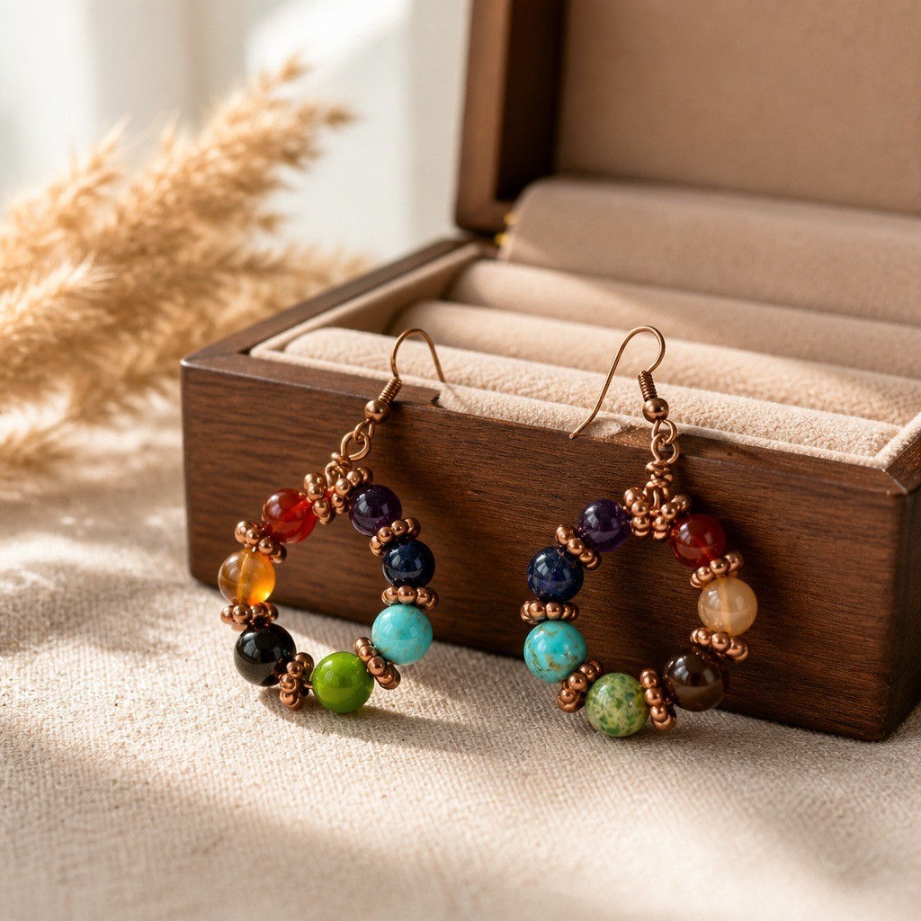 Copper wire round earrings featuring chakra gemstone beads