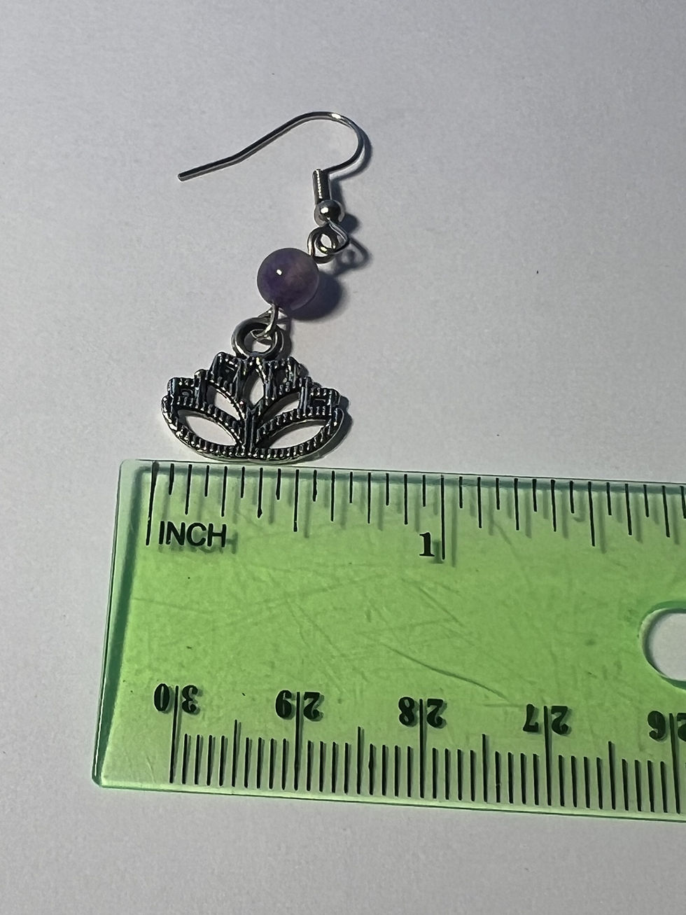 Thumbnail: Silver lotus flower drop earrings with purple amethyst beads in a dainty handcrafted  design measure