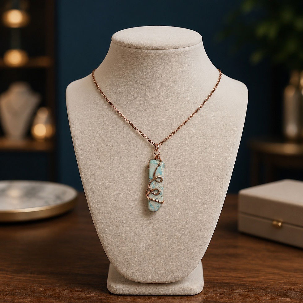 Wire wrapped blue jasper necklace in copper wire with natural patterned blue stone