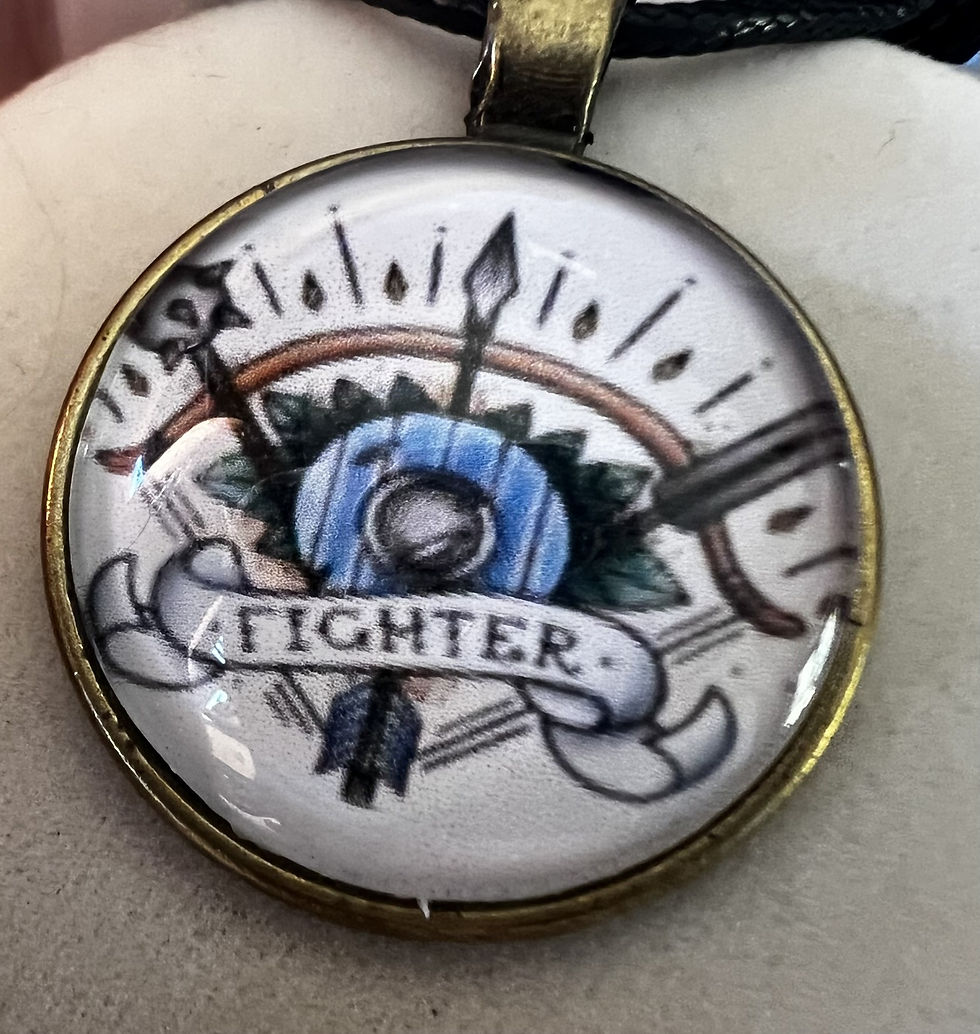 Handmade Dungeons & Dragons inspired pendant necklace featuring character class artwork  beneath a clear cabochon round