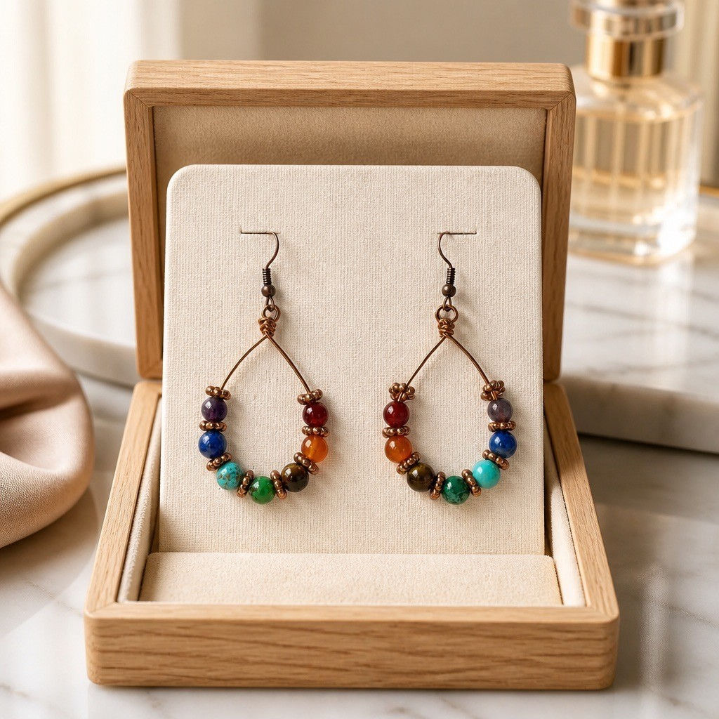 Copper wire teardrop earrings featuring chakra gemstone beads