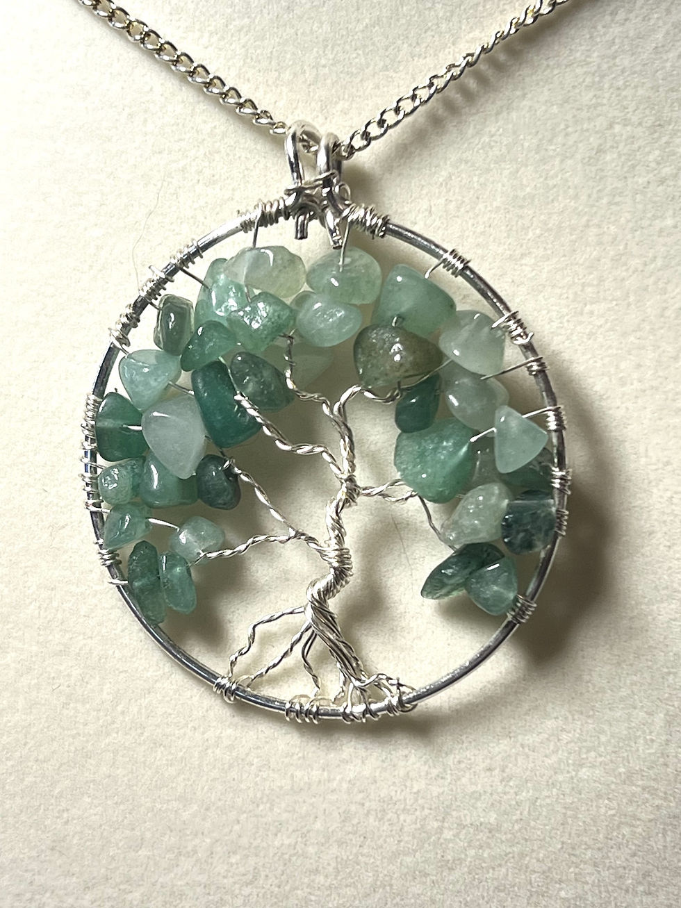 Thumbnail: One of a kind silver wire Tree of Life pendant with green aventurine gemstone chips closeup