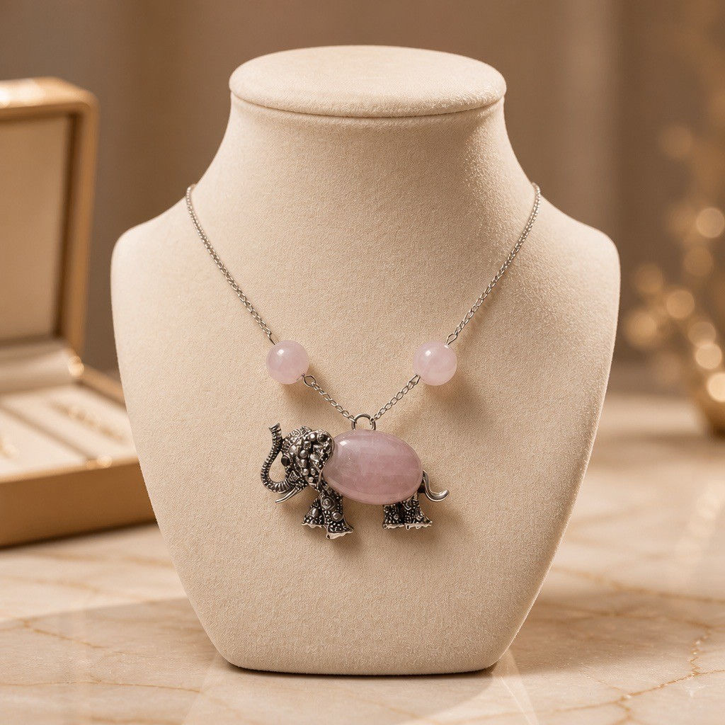 Silver elephant pendant necklace with a oval rose quartz stone in the body and two rose quartz beads