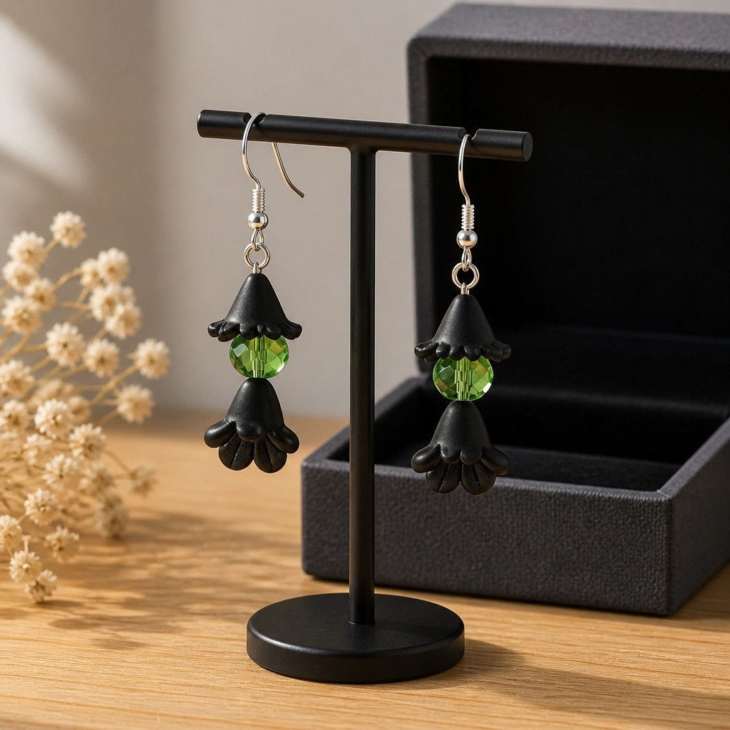 Handmade little witch earrings with green bead heads