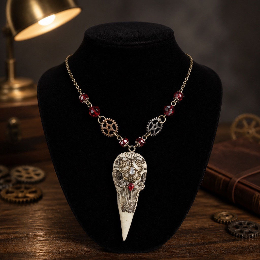 Handmade steampunk necklace featuring a white raven skull pendant decorated with gears and a red jewel