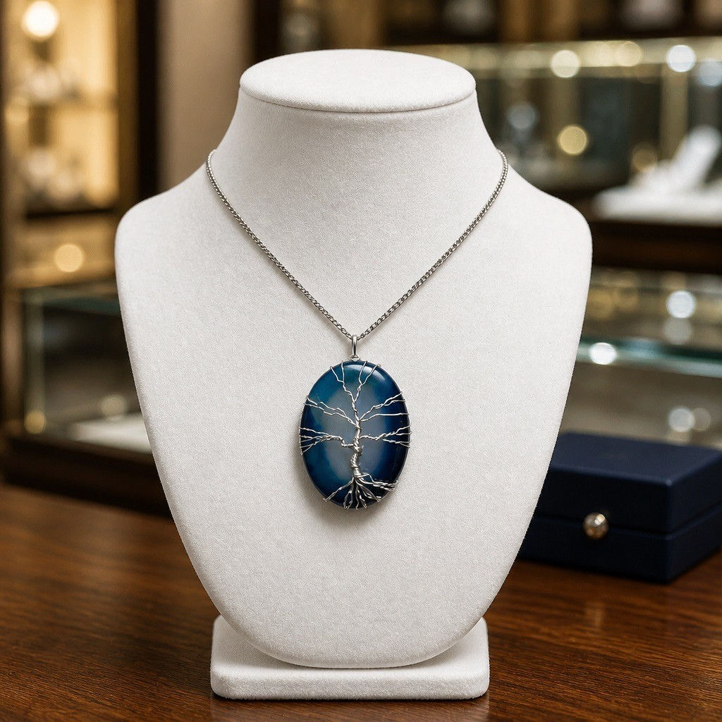Handmade blue agate slice pendant featuring a silver wire Tree of Life design