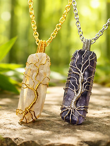 handcrafted necklace, wire wrapped trees of life on crystal stick stones