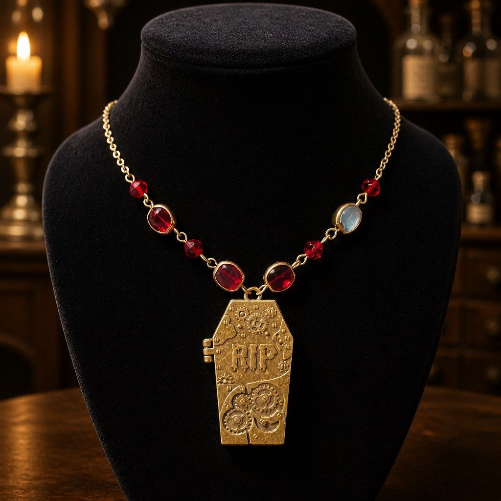 Handmade gothic necklace featuring a bronze coffin locket pendant with RIP detail, accented by crimson Czech table cut beads