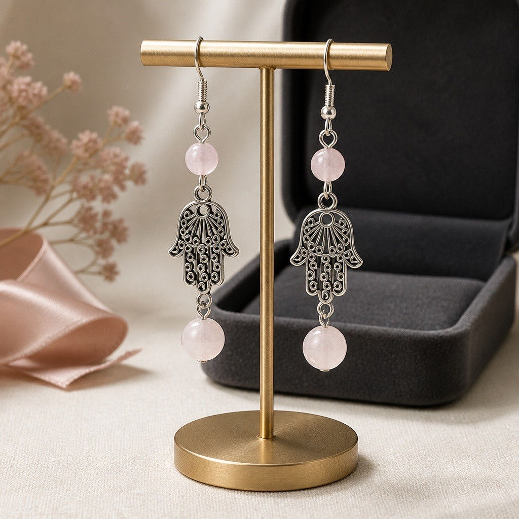 Silver Hamsa hand dangle earrings with soft pink rose quartz beads in two sizes in handcrafted spiritual bohemian jewelry