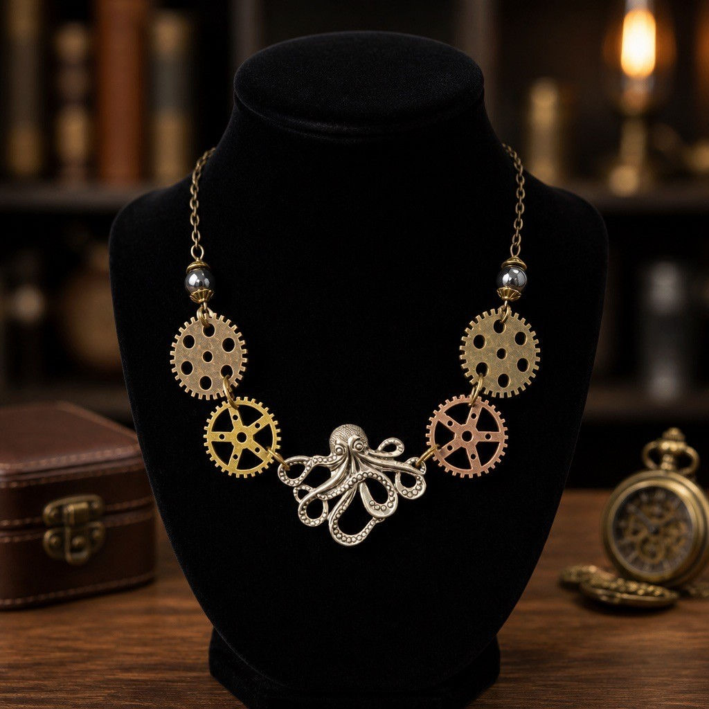 Handmade steampunk necklace featuring a silver octopus charm accented with large bronze and copper gears