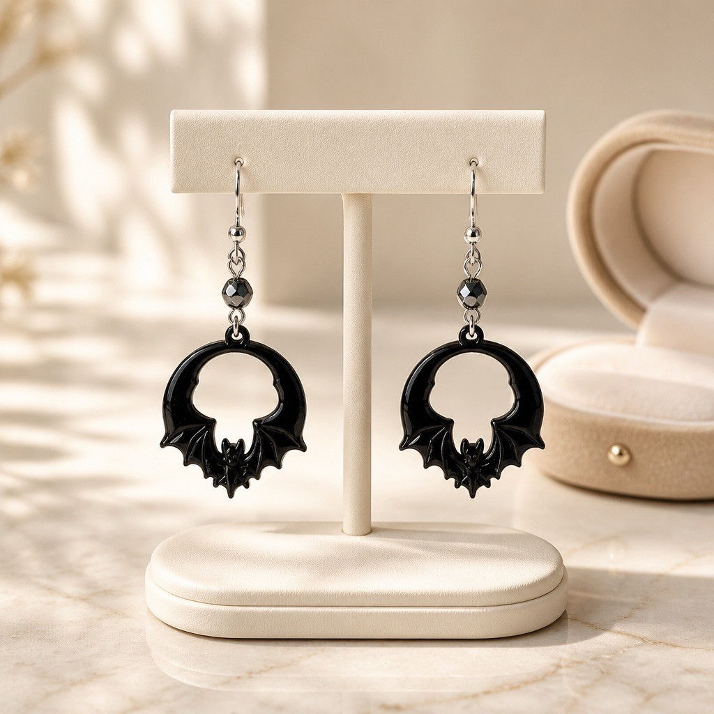 Bat charm drop earrings with wings curved into a circle shape and colorful accent beads in multiple colors