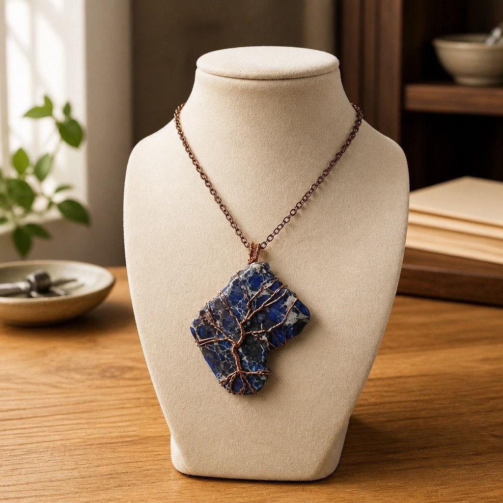 Handmade dark blue jasper pendant in a unique freeform shape featuring an intricate copper wire Tree of Life