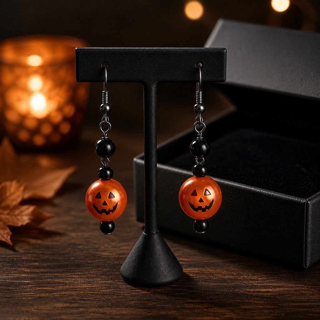 Handmade orange jack o lantern bead earrings with black bead accents